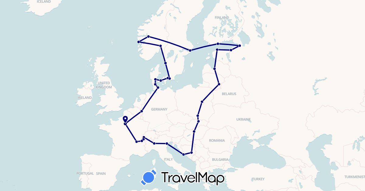TravelMap itinerary: driving in Bosnia and Herzegovina, Switzerland, Germany, Denmark, Estonia, Finland, France, Croatia, Hungary, Italy, Lithuania, Latvia, Norway, Poland, Russia, Sweden, Slovakia (Europe)